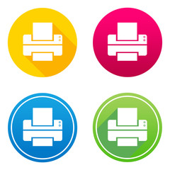 Printer flat icon in 4 different colors and versions, with or without long shadows. © Vanessa