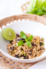 Ground pork salad with fresh vegetable and lemon, Traditional Thai food, selective focus