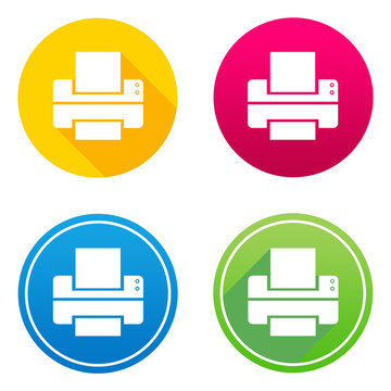 Printer flat icon in 4 different colors and versions, with or without long shadows.