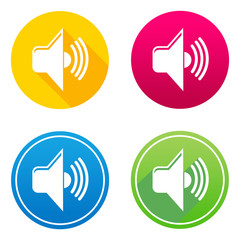 Speaker flat icon in 4 different colors and versions, with or without long shadows.