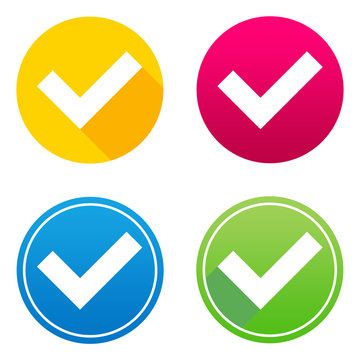Validation flat icon in 4 different colors and versions, with or without long shadows.