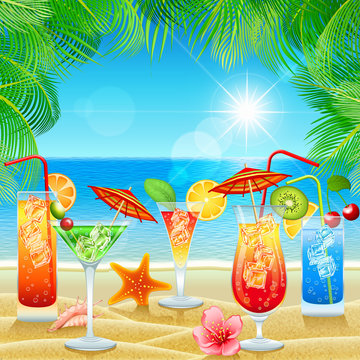 Cocktail party card, with a beautiful ocean landscape and palm leaves