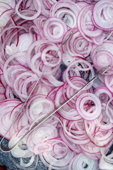 Plate of raw onions background