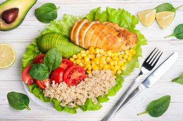 Healthy dinner with quinoa, chicken, tomatoes, avocado, spinach and lettuce leaves. Healthy salad bowl on white background. Balanced food and diet concept. Top view and copy space