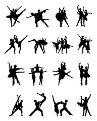 Black silhouettes of ballerinas on a white background