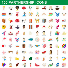 100 partnership icons set, cartoon style