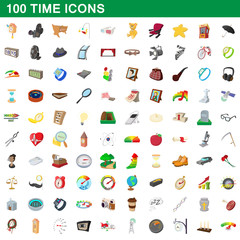 100 time icons set, cartoon style