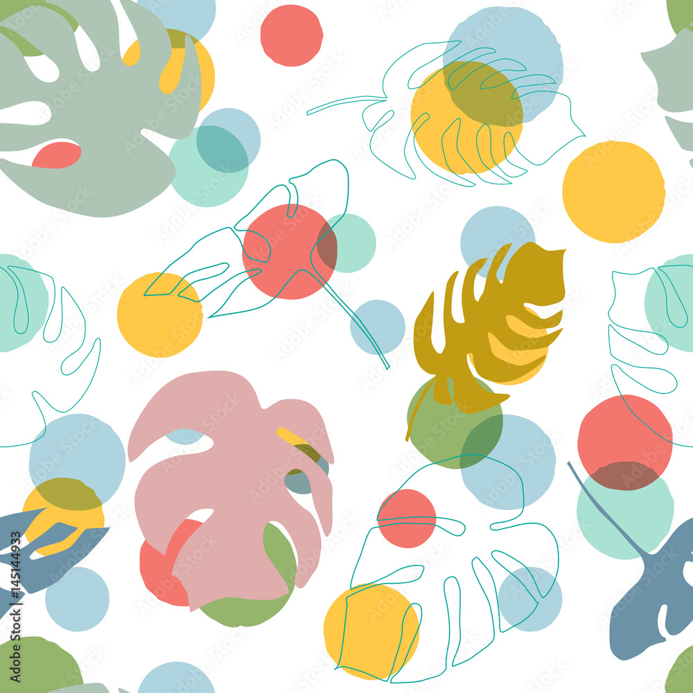 Poster modern floral abstract background. seamless colorful dots and tropical leaves pattern. watercolor st