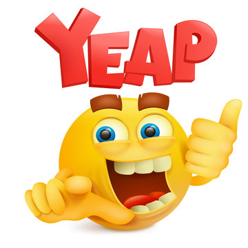 Yellow smiley emoticon cartoon character with yeap title
