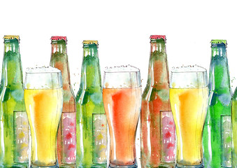 Seamless border of a beer and glass. Painting of a alcohol drink .Watercolor hand drawn illustration.White background.