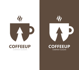 Vector of coffee and arrow up logo combination. Drink and growth symbol or icon. Unique cup and tea logotype design template.