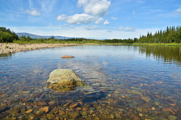 Summer landscape of the river Shchugor in the Northern Urals.