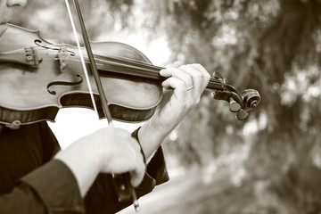 Dettaglio di un violino mentre viene suonato da un musicista