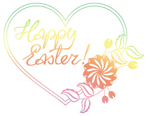 Gradient filled holiday label with decorative flowers and artistic written greeting text "Happy Easter!". Design element for banners, labels, prints, posters, greeting cards, albums. Raster clip art.