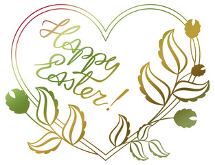 Gradient filled holiday label with decorative flowers and artistic written greeting text "Happy Easter!". Design element for banners, labels, prints, posters, greeting cards, albums. Raster clip art.