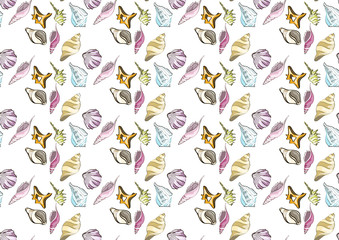 Summer seamless pattern with different sea shells, vector