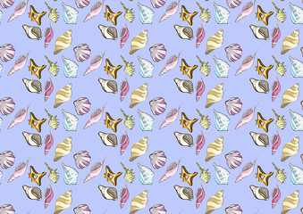 Summer  seamless  pattern with different sea shells, vector