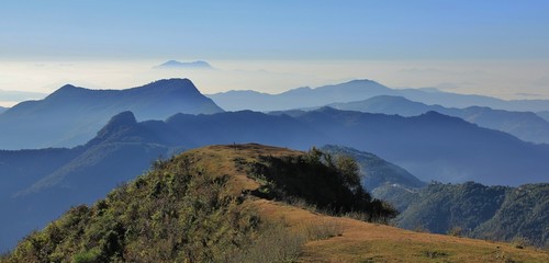 Stunning view from Ghale Gaun, Annapurna Conservation Area, Nepal. Hills and valleys on a fogy autumn morning.