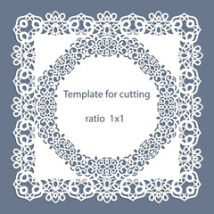 Greeting card with openwork border, paper doily under the cake, template for cutting, wedding invitation, decorative plate is laser cut, vector illustrations.