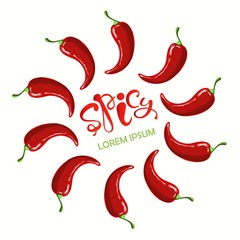 Round typography banner Spicy, Lorem ipsum, red hot chilly  papers hand drawn stock vector illustration