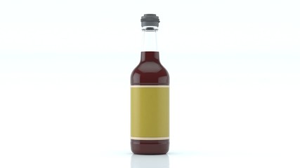 Glass filled with liquid and empty label on white background.