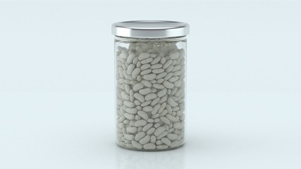 Glass jar with beans inside on white background.