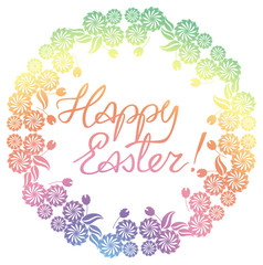 Gradient filled holiday label with decorative flowers and artistic written greeting text "Happy Easter!". Design element for banners, labels, prints, posters, greeting cards, albums. Raster clip art.