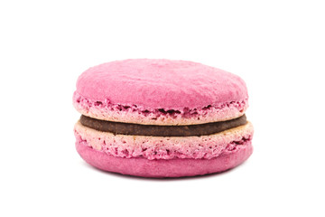 pink macaron with a taste of raspberries, isolated in a white background