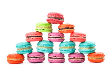 Assorted macaron pyramid, isolated on white background
