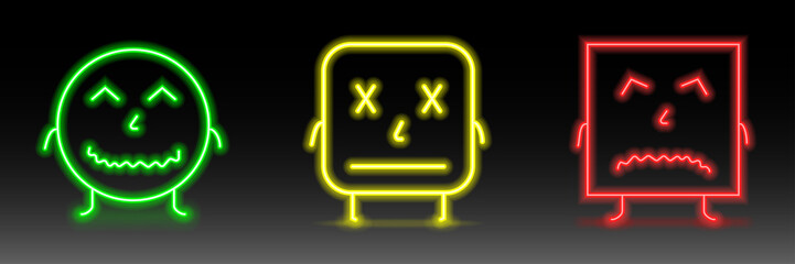 Set of neon smile emoticons. Line icons. Happy, pocker face, and unhappy smileys. Emoji set.