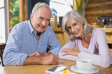 Portrait of senior couple sitting in café