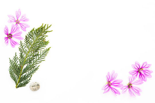 Postcard with empty place for inscription from scattered pink small flowers, twigs of thuja, sea stone and seashells on a light background