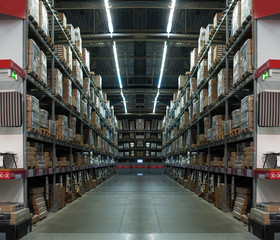 Warehouse with drawers on shelves