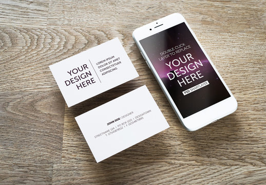 Smartphone and Business Cards on Wooden Table Mockup 2