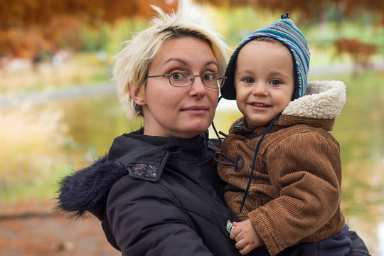 Mother and son in a park
