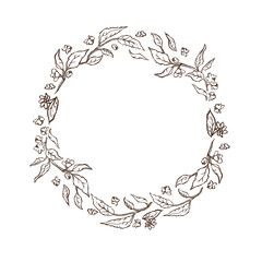 vector sketch vintage illustration. Hand drawn round frame of the tea leaves and flowers.