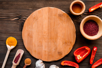 cooking tools in restoraunt concept on wooden background top view