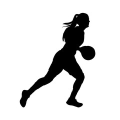 Basketball player, running woman with ball, vector silhouette