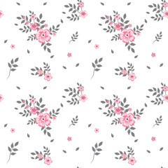 A drawing in a small pink flower with gray leaves on a white background. Colorful seamless background for textiles, fabric, cotton fabric, covers, wallpapers, print, gift wrapping and scrapbooking.