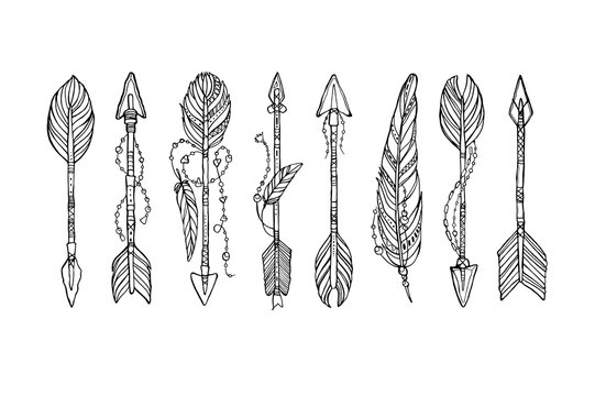 Vector doodle bow arrows set with feathers in bohemian, indian, tribal style. Ethnic native decorative arrows, hand drawn vector illustration. Tattoo style