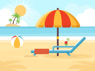 Fototapeta na wymiar Beach Landscape with Beach Umbrella, Beach Chair, Cocktail and a Ball. Flat Design Style. 