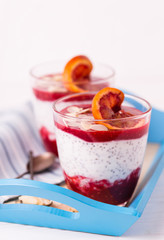 Chia pudding with fresh bloody orange and jam