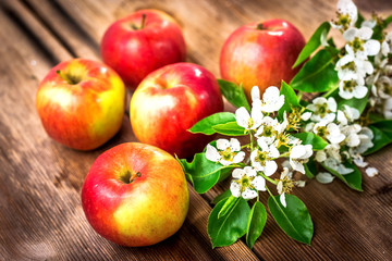 Raw organic apples on wooden background