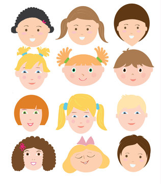 Floral vector illustration set of children faces. Flat vector children faces set. Faces of girls and boys. Set for designer.