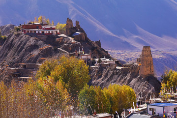 Jhong local village with old buddhist monastery and ancient castle ruins at Muktinath valley, horizontal view, Nepal, Annapurna Circuit; Himalaya; Asia