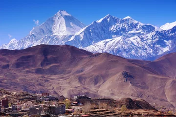 Poster Dhaulagiri Muktinath valley and city,  saint place for buddhists and hinduists in Himalayas, and Dhaulagiri mountain, Nepal, Annapurna Circuit  Himalaya area.
