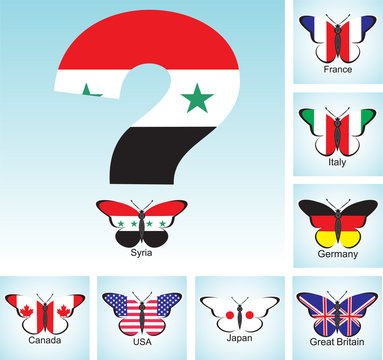 Butterflies With Flags Of Countries Group Of Seven And Syria With Question