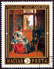 Obraz premium Postage stamp Hungary 1969 Woman Reading Letter, Painting