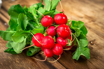 Bunch of fresh red radishes on a wooden table