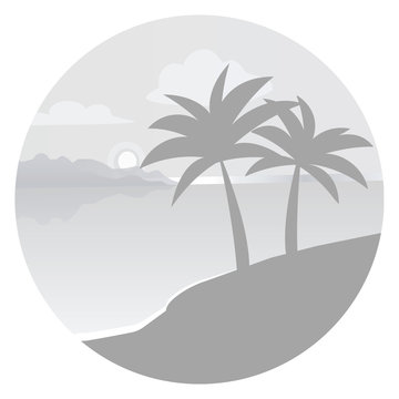 Flat vector icon with palm trees. Tropical beach, sunset, vector illustration. Black and white image